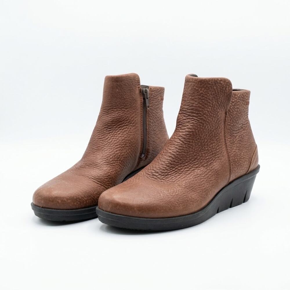 Ecco Leather Pebble Texture Wedge Ankle Booties Brown Side Zip Womens 39 5 5.5